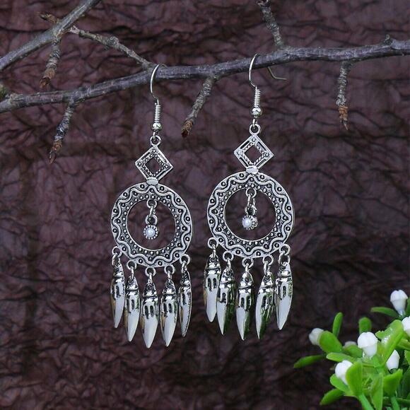 Silver Ethnic Feather Aztec Style Geometric Tassel Alloy Drop Earrings Flower - Picture 3 of 6